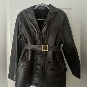Vintage Real Brown Leather jacket size M/L with belt and faux fur